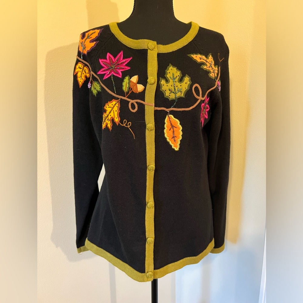 Bobbie Bell Fall Cardigan Sweater Women’s Large Autumn Leaves Leaf Beads